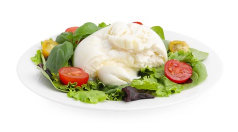 Photo of Delicious fresh burrata salad isolated on white