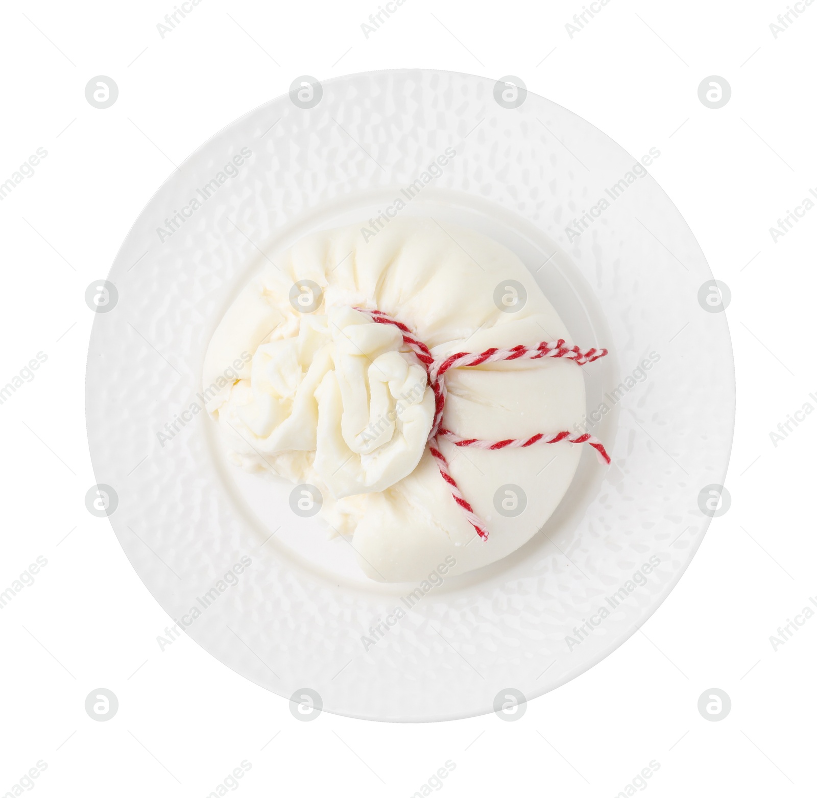 Photo of Delicious fresh burrata cheese isolated on white, top view