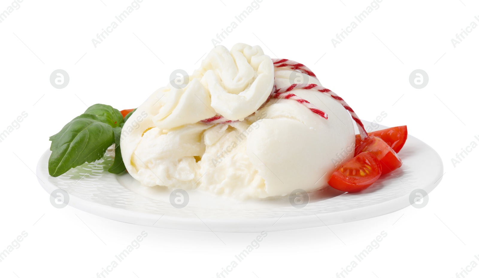 Photo of Delicious fresh burrata cheese, basil leaves and tomato isolated on white