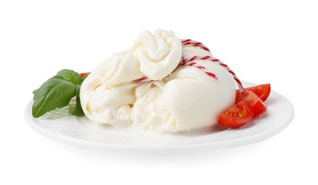 Delicious fresh burrata cheese, basil leaves and tomato isolated on white