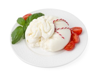 Photo of Delicious fresh burrata cheese, basil leaves and tomato isolated on white