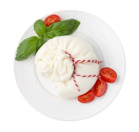 Photo of Delicious fresh burrata cheese with basil leaves and tomato isolated on white, top view