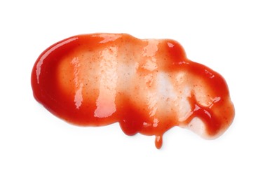 Tasty ketchup isolated on white, top view. Tomato sauce