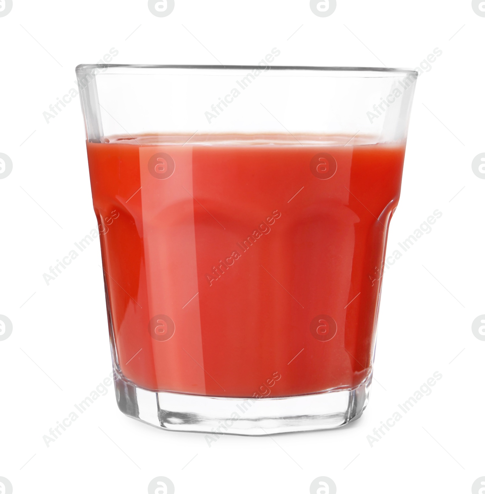 Photo of Tasty tomato juice in glass isolated on white