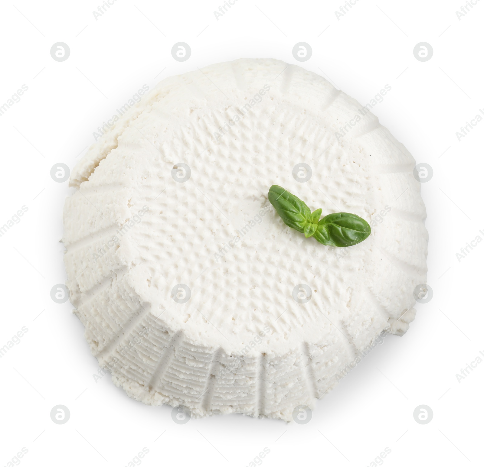 Photo of Tasty ricotta (cream cheese) and basil isolated on white, top view