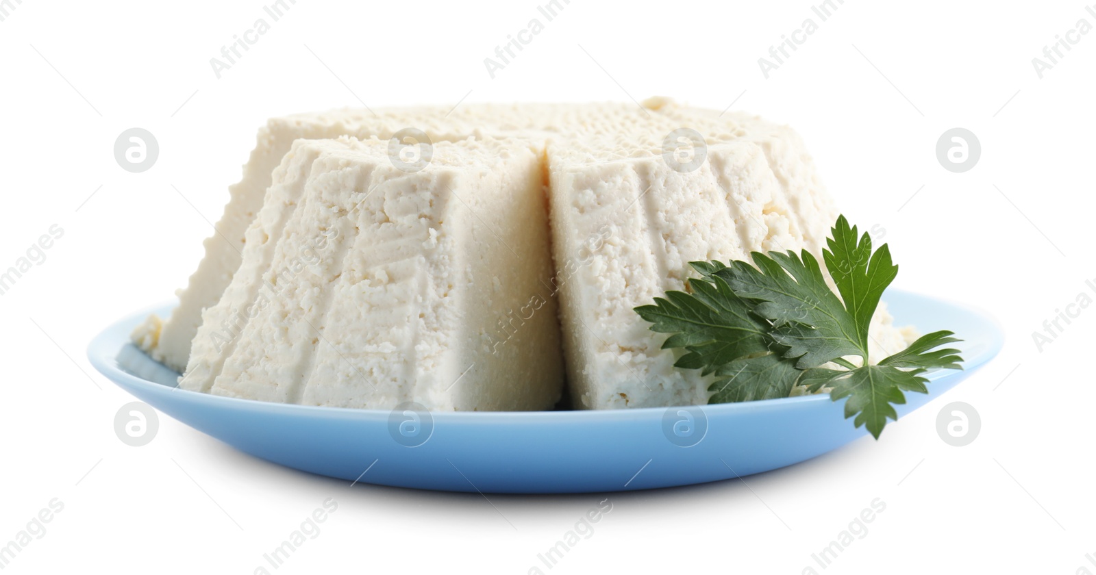 Photo of Tasty ricotta (cream cheese) and parsley isolated on white