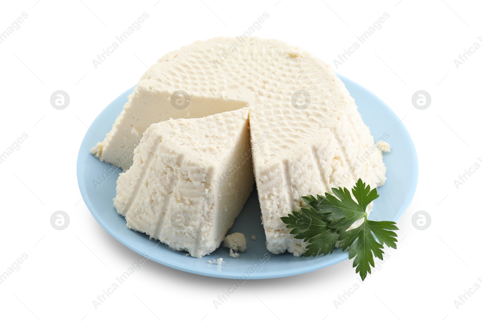 Photo of Tasty ricotta (cream cheese) and parsley isolated on white