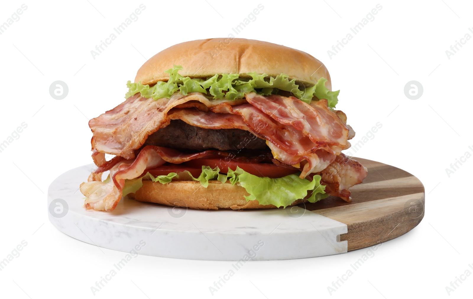 Photo of Delicious burger with bacon, patty and tomato isolated on white