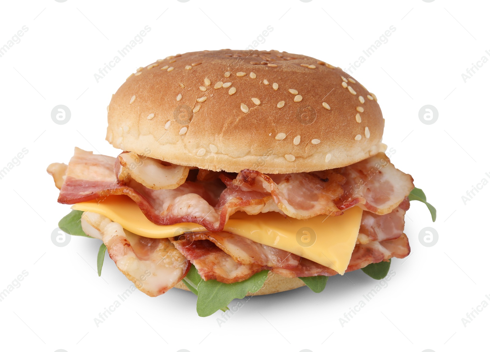 Photo of Delicious burger with bacon and cheese isolated on white