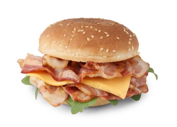 Photo of Delicious burger with bacon and cheese isolated on white