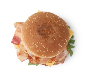 Delicious burger with bacon and cheese isolated on white, top view