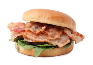 Photo of Delicious burger with bacon and greens isolated on white