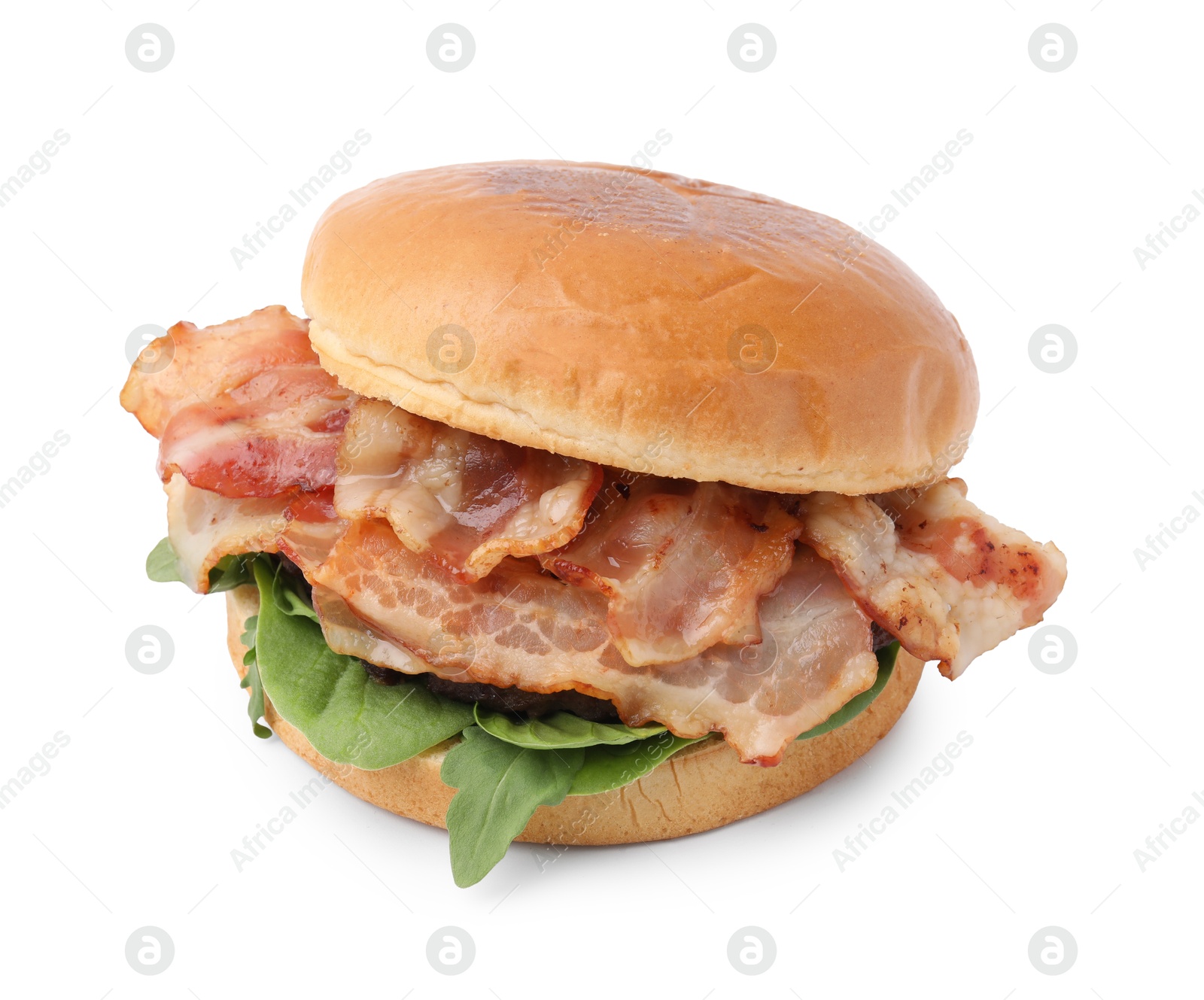 Photo of Delicious burger with bacon and greens isolated on white