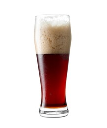 Photo of Glass of dark beer isolated on white