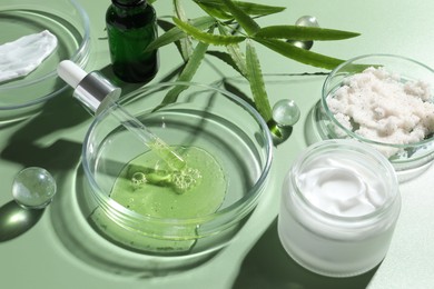 Petri dishes with cosmetic products, pipette and leaves on green background, closeup