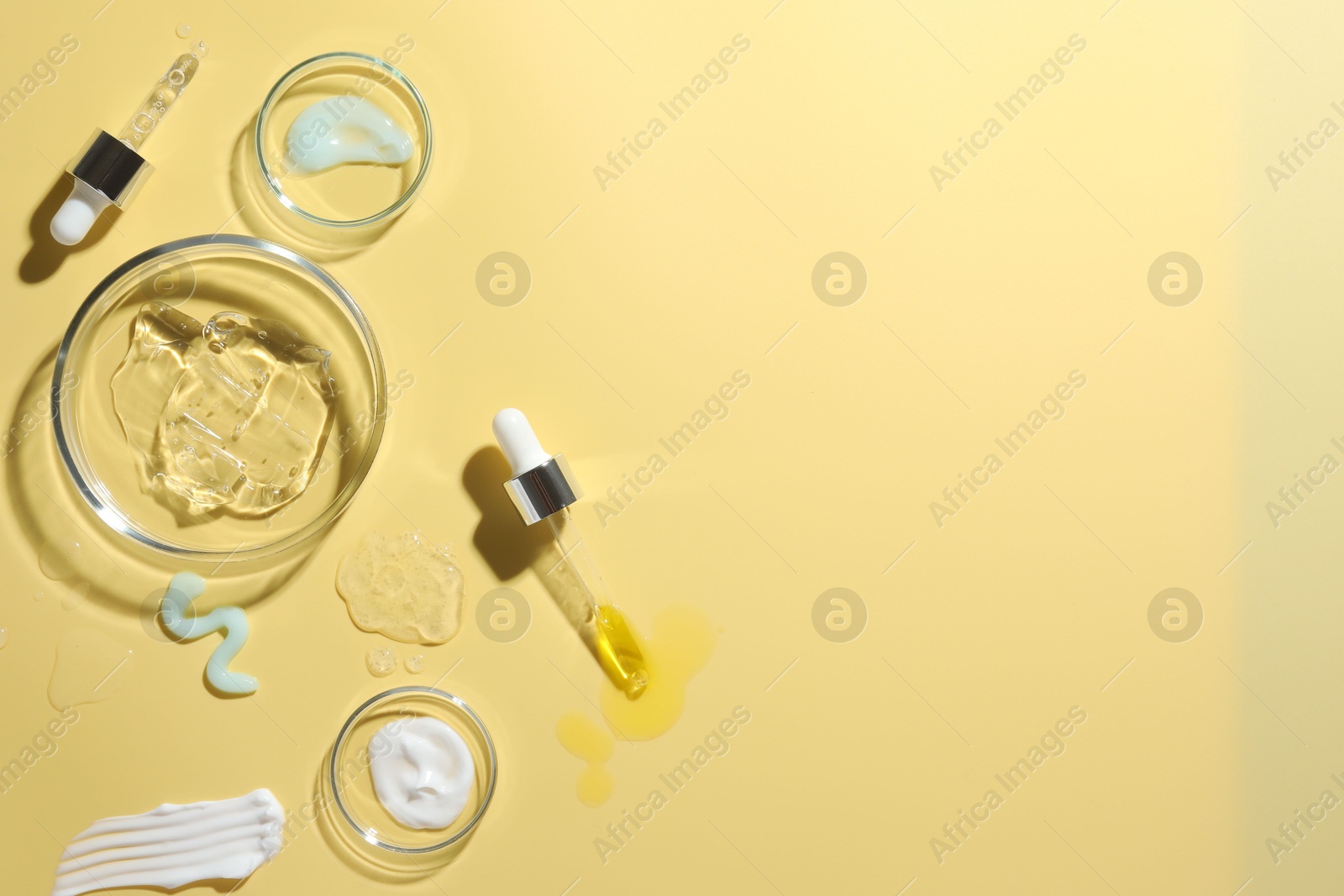 Photo of Petri dishes with cosmetic products and pipettes on yellow background, flat lay. Space for text