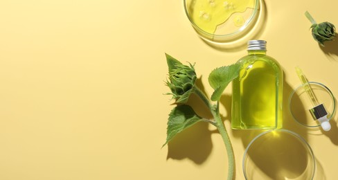 Photo of Petri dishes with cosmetic product, bottle, pipette and sunflowers on yellow background, flat lay. Space for text