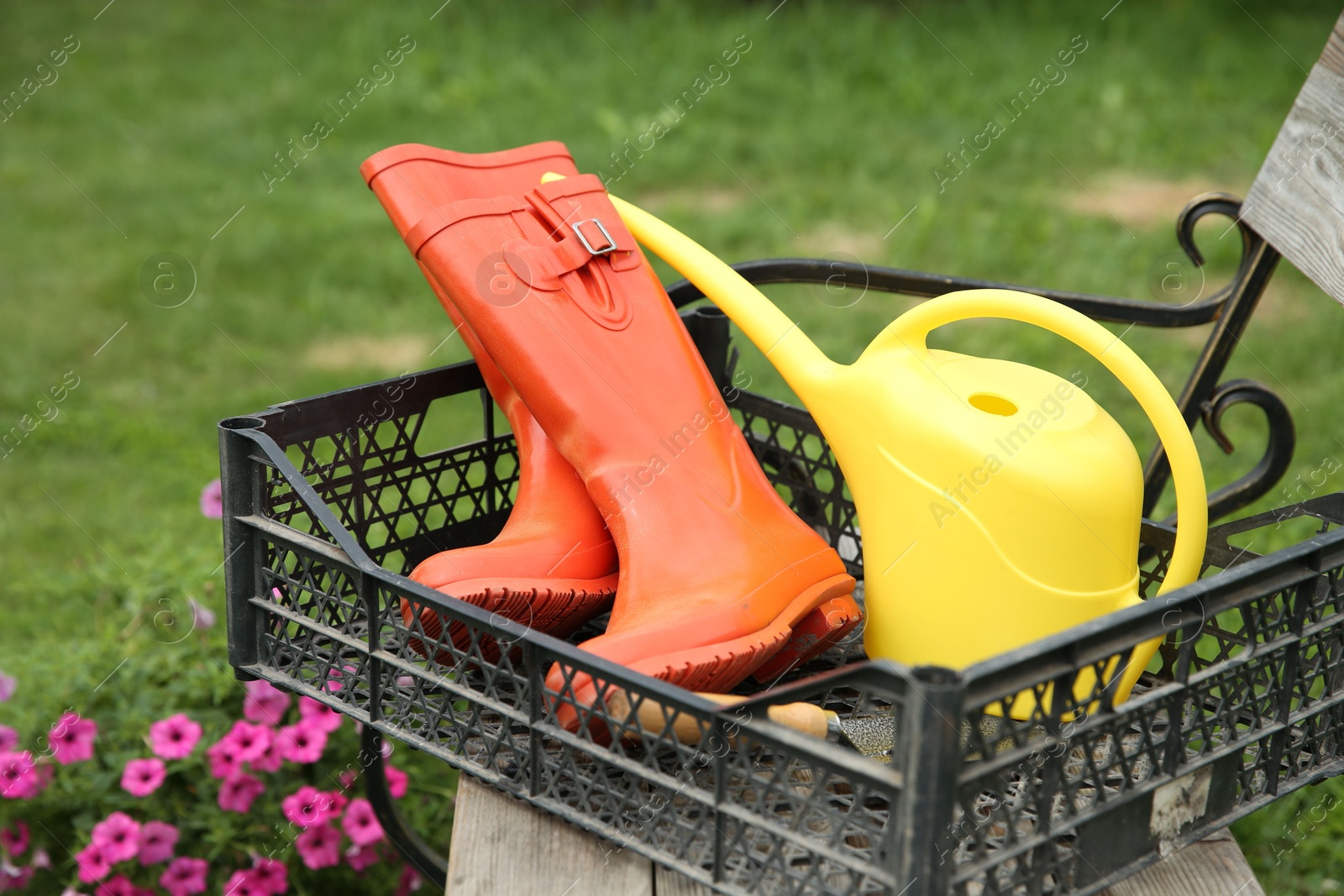 Photo of Orange rubber boots and gardening tools in crate outdoors