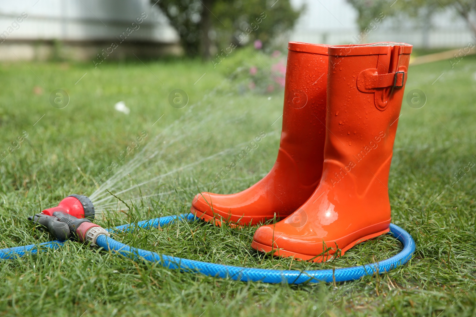 Photo of Orange rubber boots under water pressure on green grass outdoors