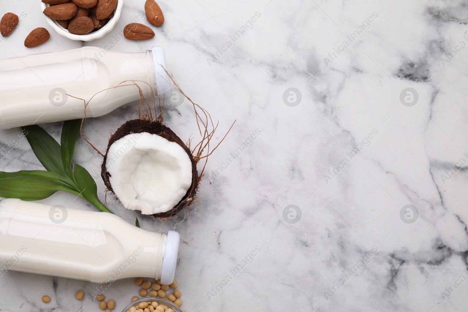 Photo of Different types of vegan milk in bottles with ingredients and green leaves on white marble table, flat lay. Space for text