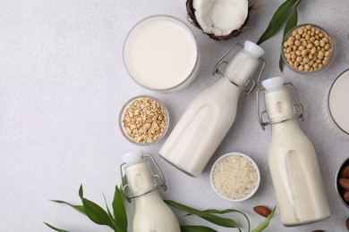 Photo of Different types of vegan milk with ingredients and leaves on light grey table, flat lay. Space for text