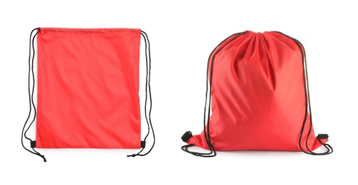 Image of Collage of empty and filled red drawstring bag isolated on white