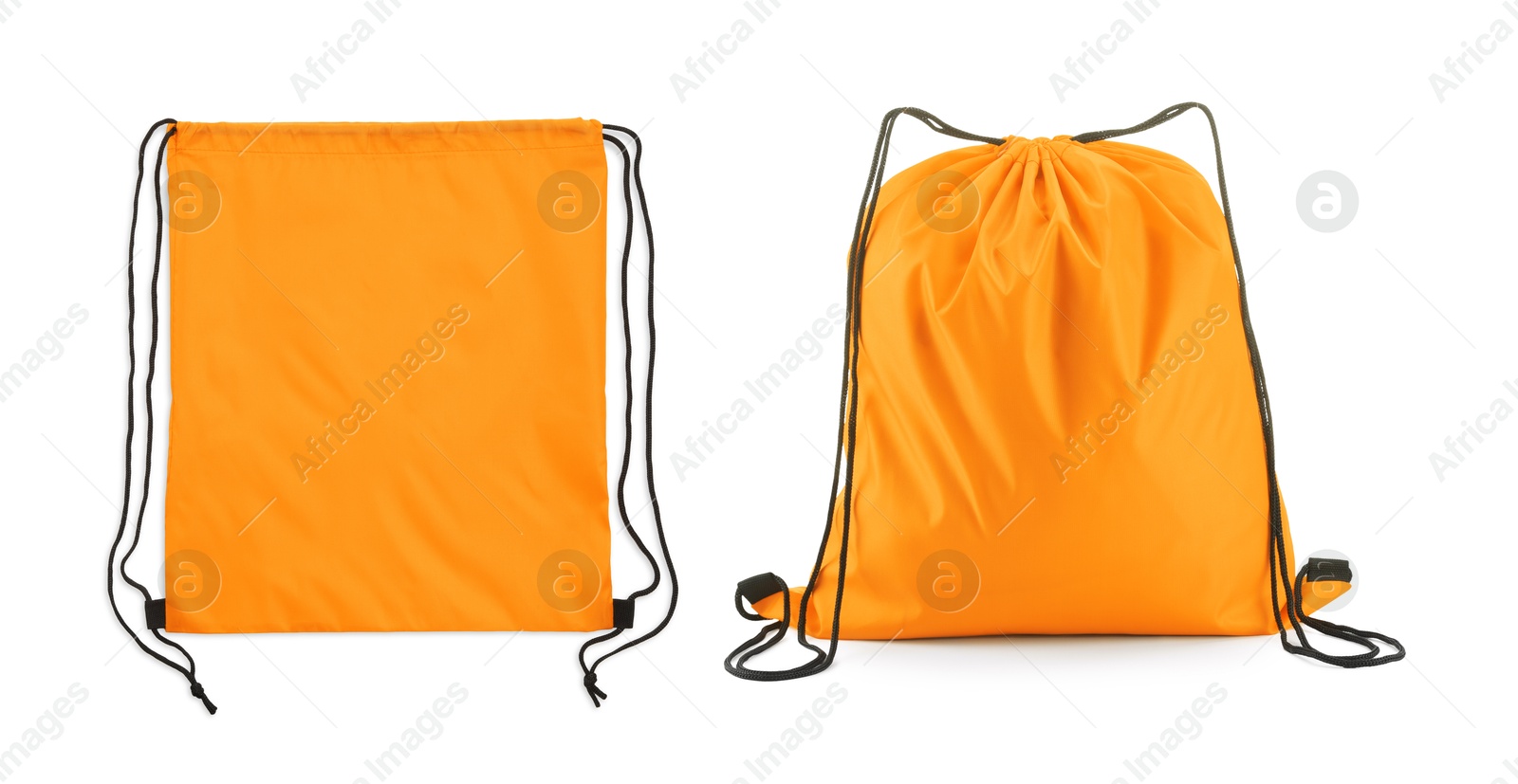 Image of Collage of empty and filled orange drawstring bag isolated on white