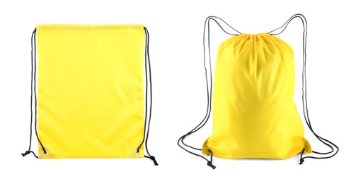 Image of Collage of empty and filled yellow drawstring bag isolated on white