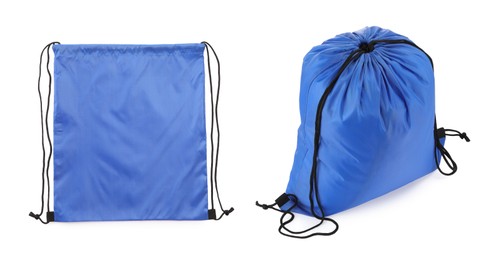 Image of Collage of empty and filled blue drawstring bag isolated on white