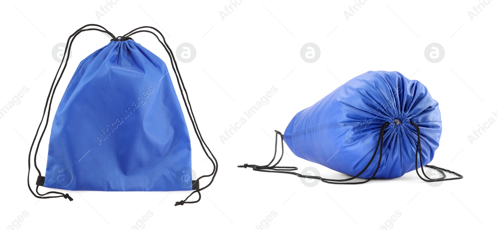 Image of Collage of empty and filled blue drawstring bag isolated on white