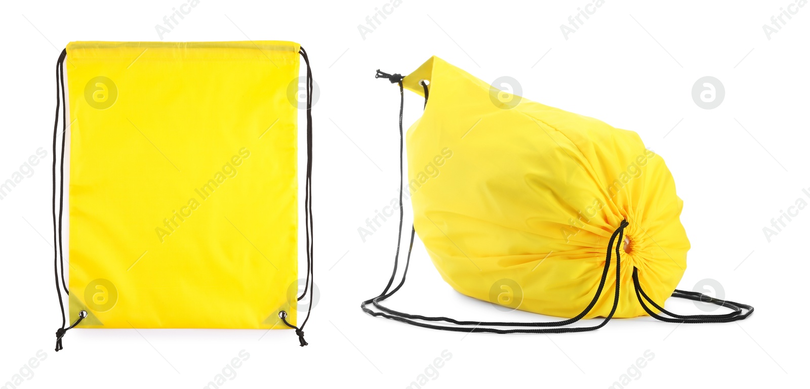 Image of Collage of empty and filled yellow drawstring bag isolated on white