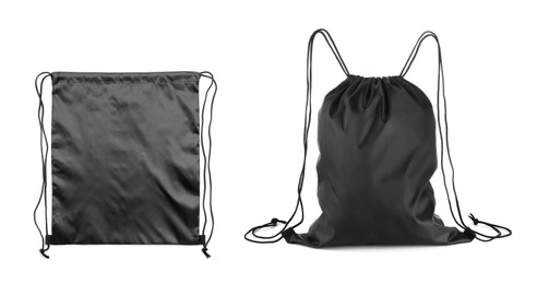 Image of Collage of empty and filled black drawstring bag isolated on white