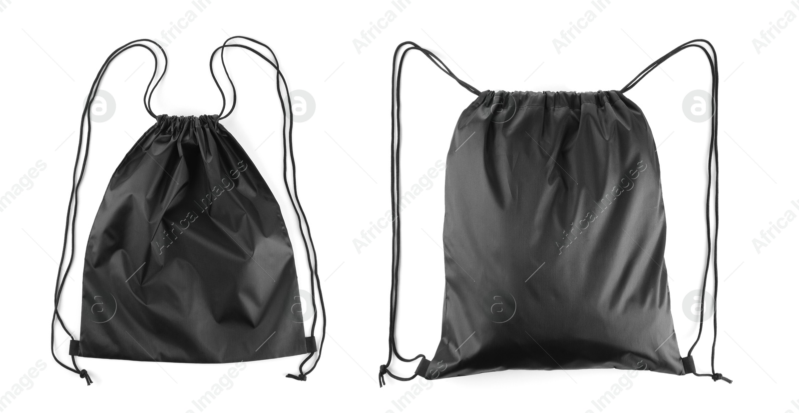 Image of Collage of empty and filled black drawstring bag isolated on white