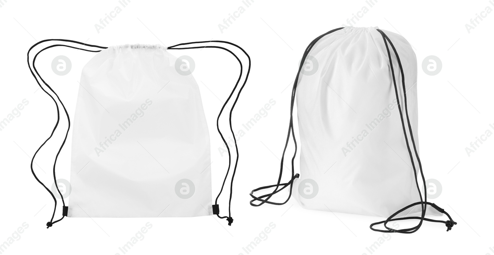 Image of Collage of empty and filled white drawstring bag isolated on white