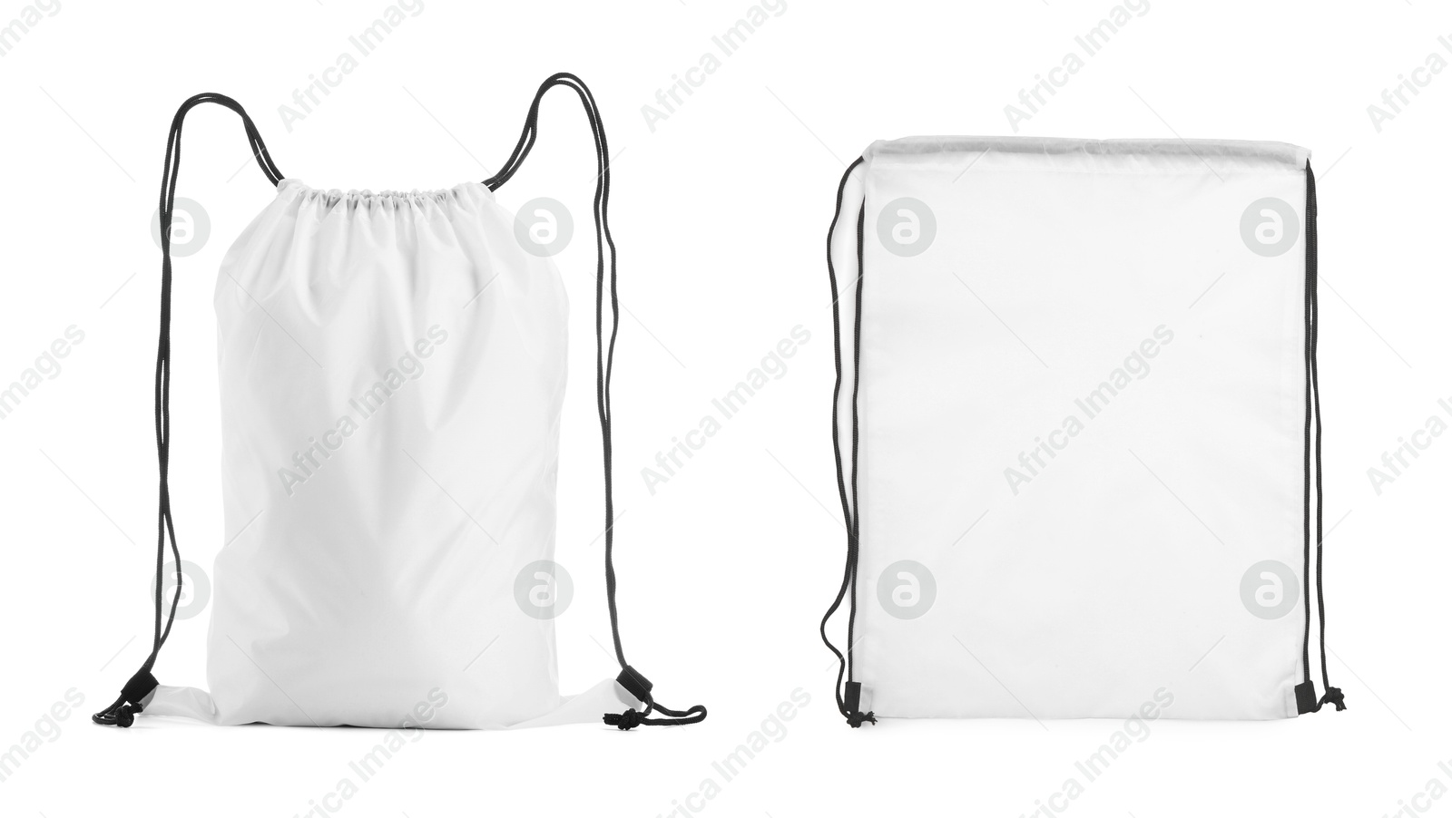 Image of Collage of empty and filled white drawstring bag isolated on white