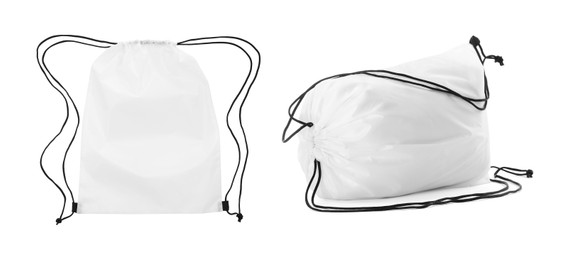 Image of Collage of empty and filled white drawstring bag isolated on white