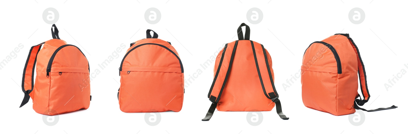 Bright orange backpack isolated on white, view from different sides Image of Bright orange backpack isolated on white, view from different sides
