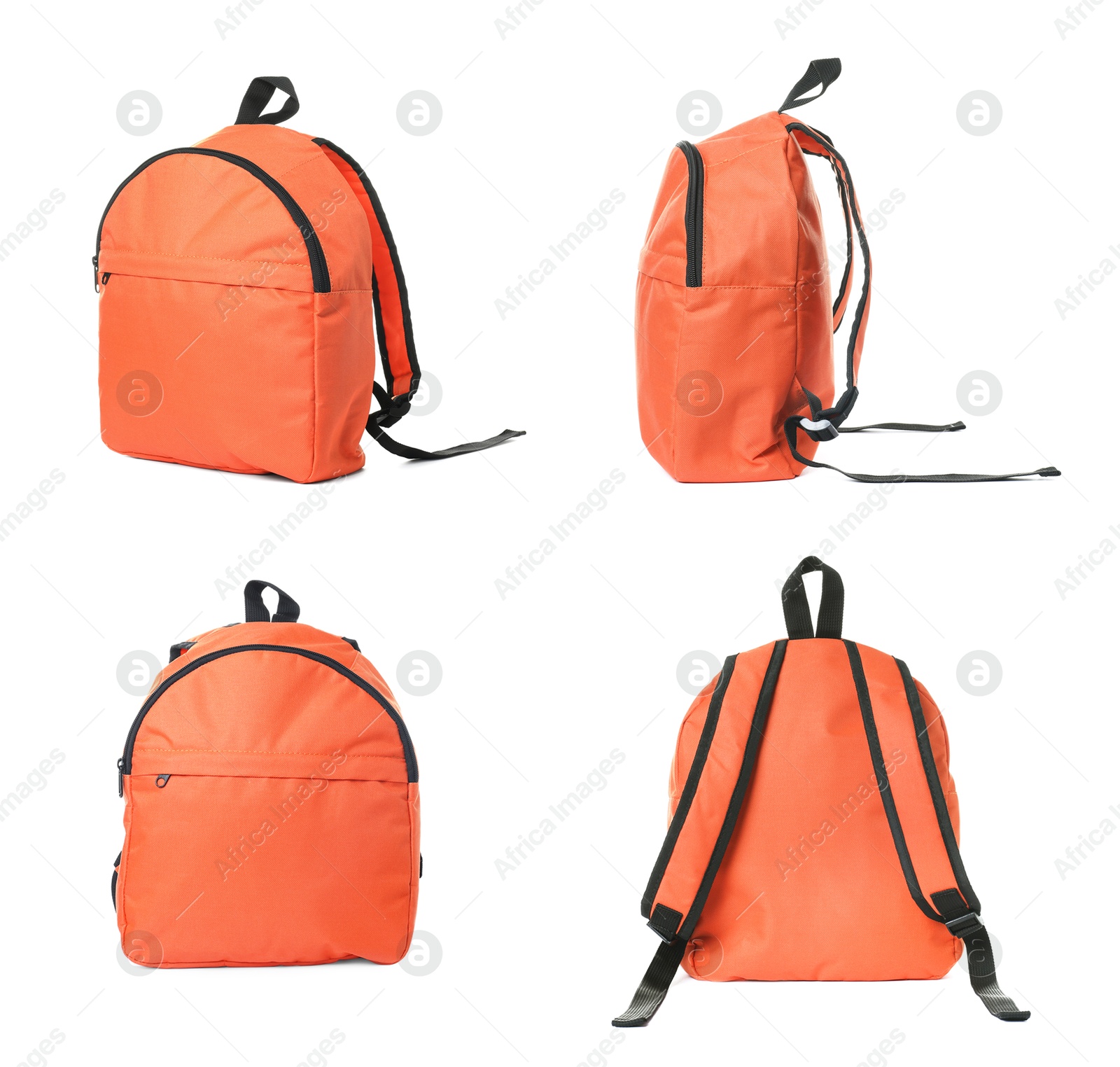 Bright orange backpack isolated on white, view from different sides Image of Bright orange backpack isolated on white, view from different sides