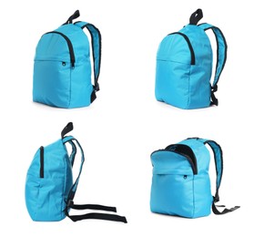 Image of Light blue backpack isolated on white, view from different sides