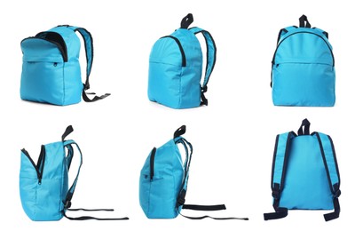 Image of Light blue backpack isolated on white, view from different sides