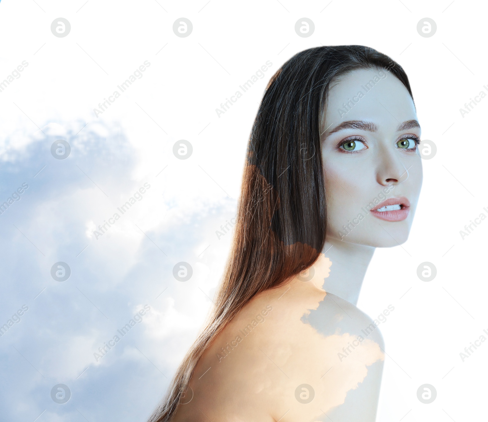 Image of Beautiful woman and picturesque sky with clouds, double exposure