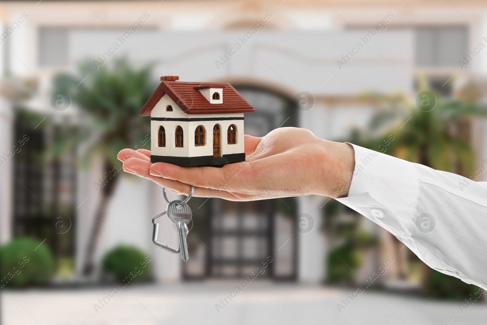 Image of Real estate agent holding house model and key against future dwelling, closeup