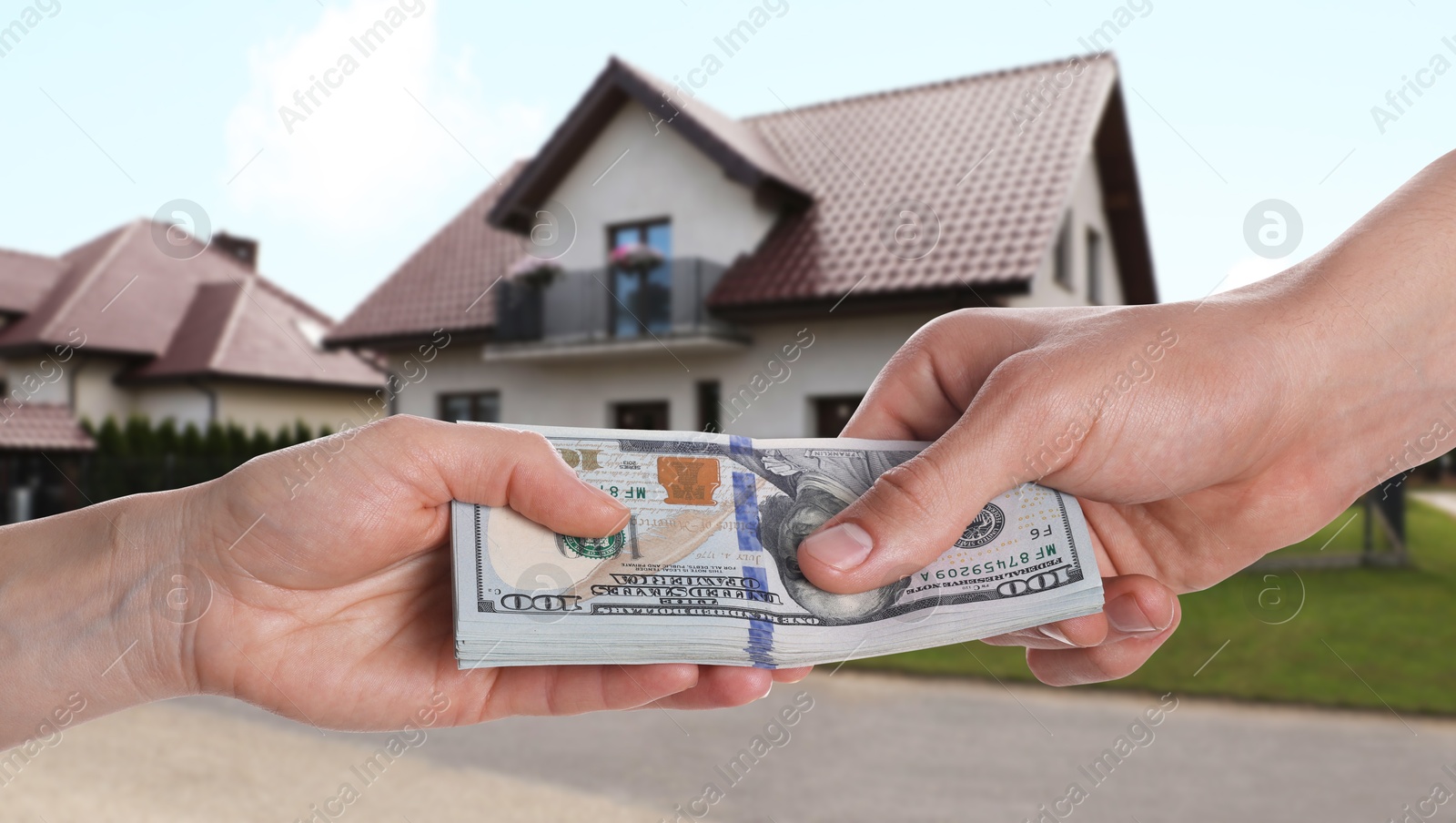 Image of Client giving money to real estate agent against beautiful house, closeup. Banner design