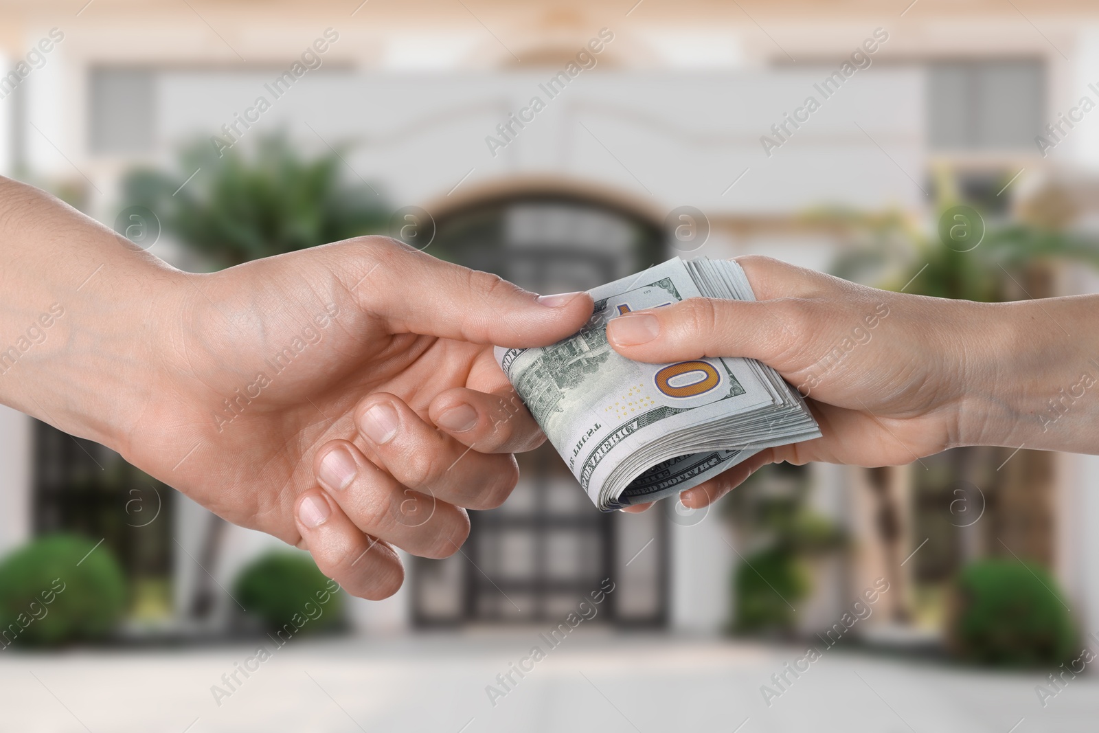 Image of Client giving money to real estate agent against beautiful house, closeup