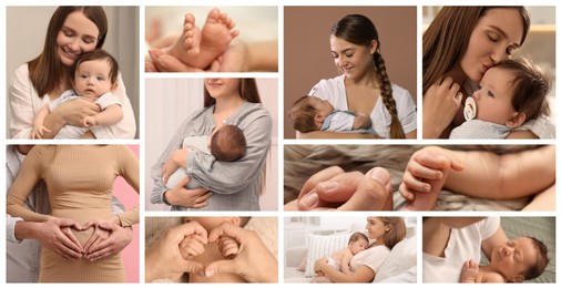 Image of Happy families. Mothers with babies and pregnant woman, photo collage