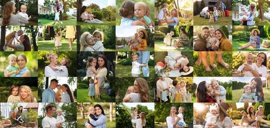 Image of Happy families spending time outdoors, photo collage