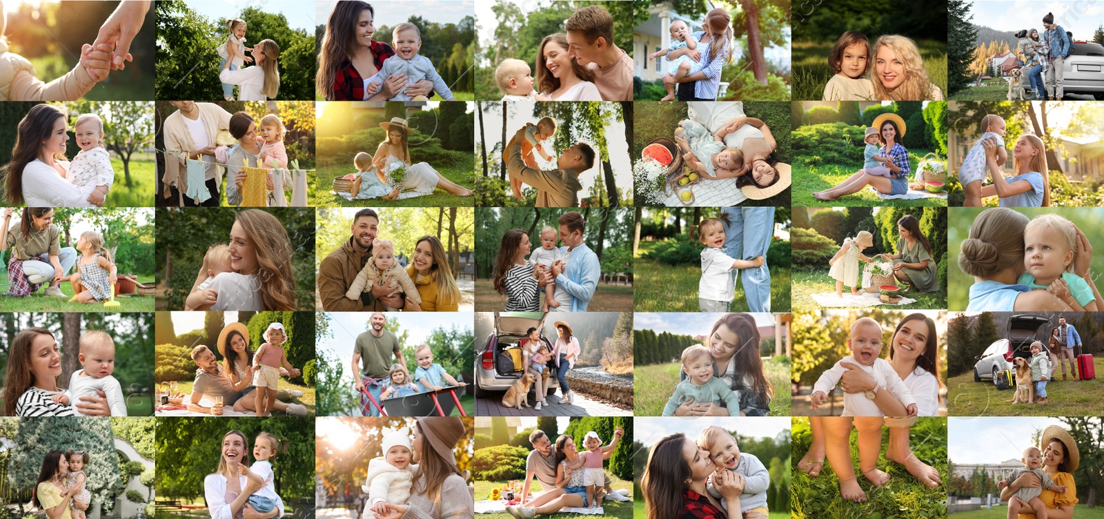 Image of Happy families spending time outdoors, photo collage