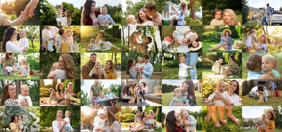 Image of Happy families spending time outdoors, photo collage