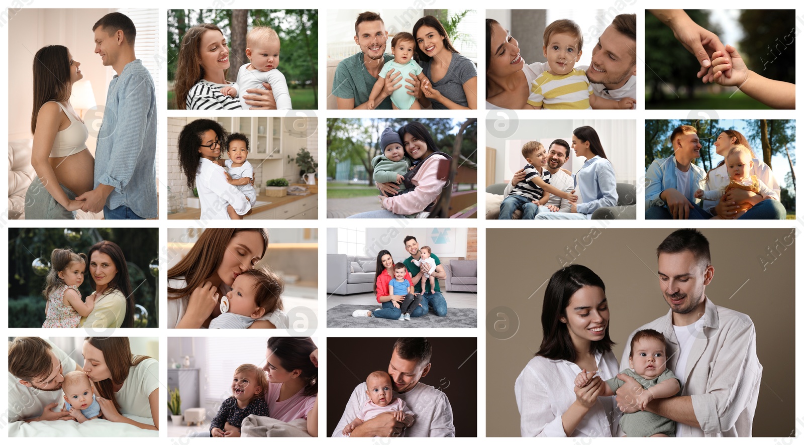 Image of Happy families. Mothers, fathers with babies and pregnant woman, photo collage