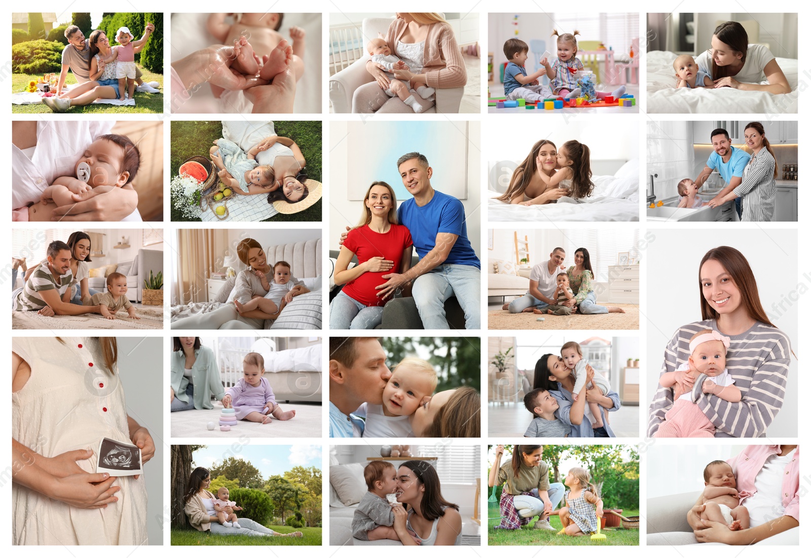 Image of Happy families. Mothers, fathers with babies and pregnant woman, photo collage